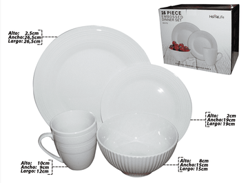 VAJILLA REDONDA PORCELANA X 16 PZ 10.5" BLANCA
