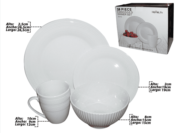 VAJILLA REDONDA PORCELANA X 16 PZ 10.5" BLANCA