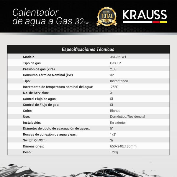 CALEFÓN A GAS 26 LITROS KRAUSS